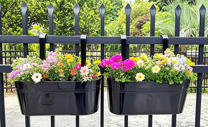 Hanging Planters for Outdoor Plants, 17" Railing Planter Pots, Metal Fence Flower Pot for Porch Balcony with Detachable Hook (Black, Pack of 6)