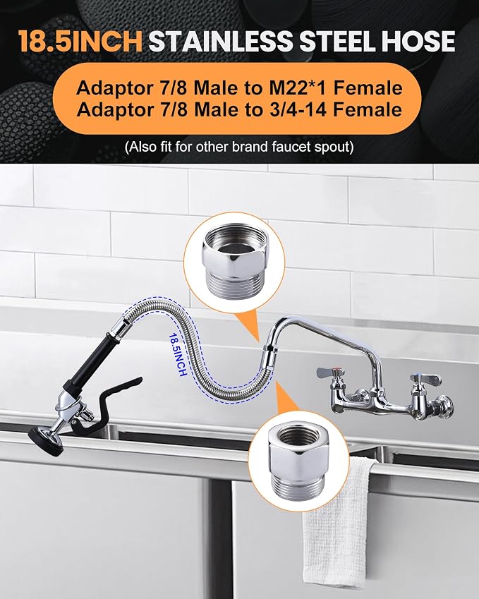 Pre Rinse Spray Valve with 18.5" Flexible Stainless Steel Hose, 1.42 GPM High Pressure Commercial Sink Sprayer Nozzle with Pre-rinse Sprayer Hose, Black 7/8"-20UNEF Handle Assembly