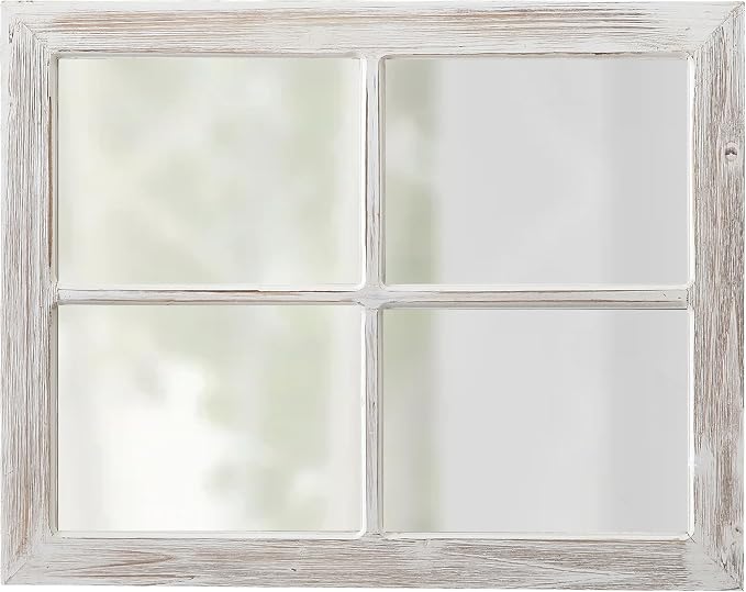 Farmhouse Window Pane Mirror, Washed White, 18 X 23 Inch | Hanging Rectangle Faux Window Mirrors, Handmade Rustic Wood Framed Windowpane Mirror for Kitchen, Horizontal or Vertical