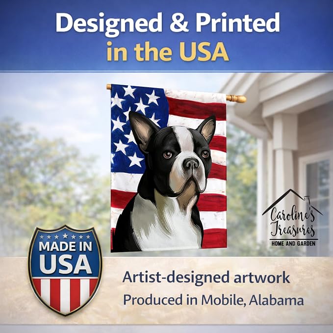 Caroline's Treasures CK6451CHF Boston Terrier Dog American Flag House Flag Large Porch Sleeve Pole Decorative Outside Yard Banner Artwork Wall Hanging, Polyester, House Size, Multicolor