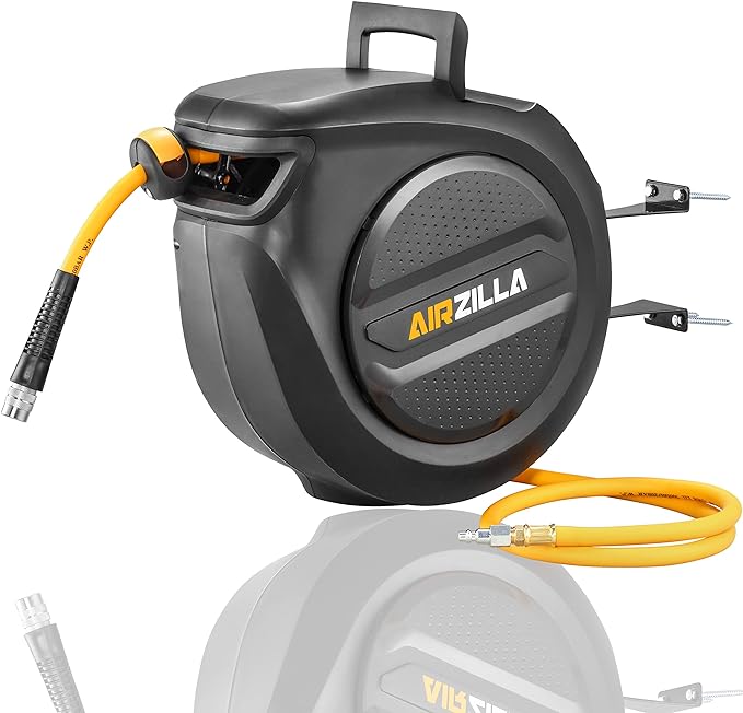 AIRZILLA Retractable Air hose reel 3/8" Inch x 50 ft Flex Hybrid Air Hose, Air compressor Hose Reel with 6 ft Lead in, Quick Connect, Mounted 180° Swivel, 300PSI