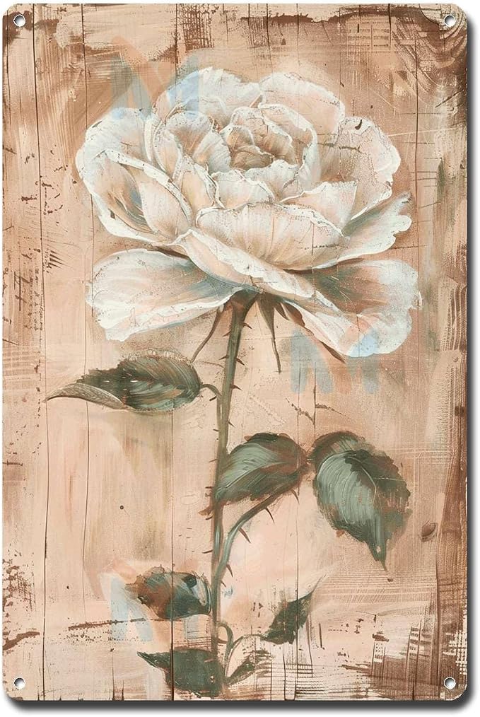 Metal Sign Tin Sign Vintage Wall Art Shabby Chic Rose Tin Sign for Antique Paint Effect White Rose Admirers and Distressed Wood Panels Tin Sign Paper for Pub 6×8 Inches