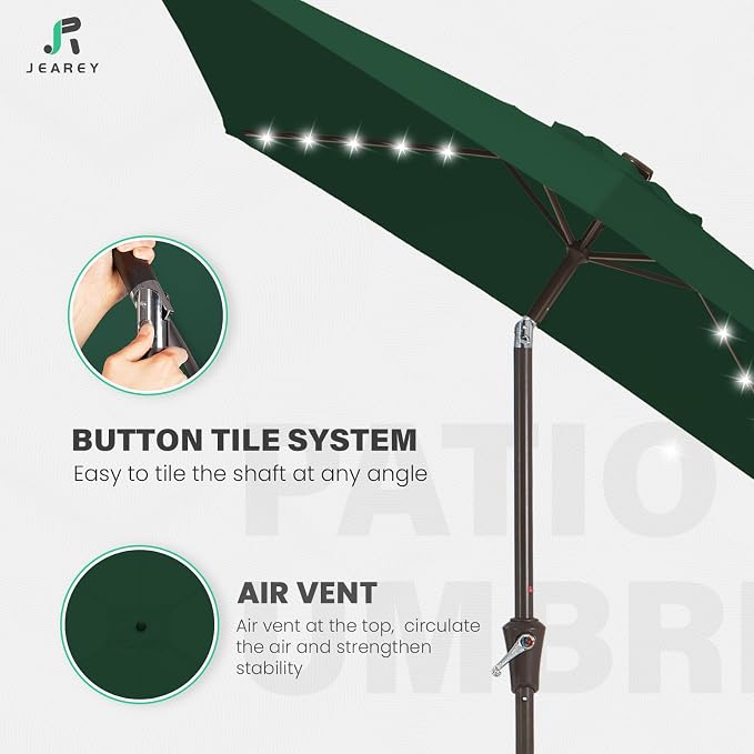 JEAREY 6.5x10 ft Rectangular LED Lighted Patio Umbrellas Outdoor Solar Table Market Umbrella w/Push Button Tilt/Crank, 6 Sturdy Ribs, UV Protection Waterproof Sunproof(Dark Green)