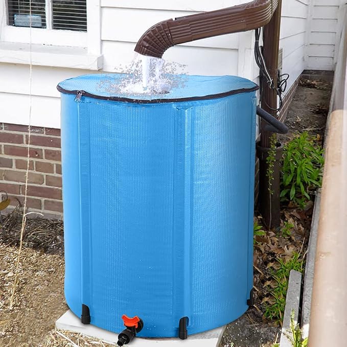 50 Gallon Collapsible Rain Barrel, Rain Water Collection Barrel System Kit, Collapsible Water Tank with Spigot and Overflow Kit, Portable Rain Water Catcher for Garden, Blue