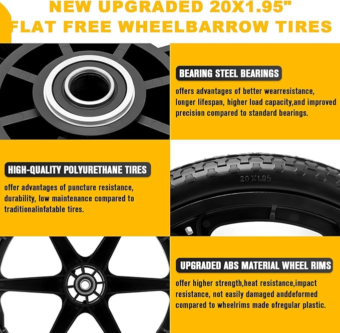 20" Flat Free Wheels Compatible with rubbermaid Wheelbarrow Tires,20" Flat Free Wheels Replacement for Rubbermaid 3/4" Bearings,600LB Capacity Utility Cart Tires | Lawn Mower Garden Hand Truck Wheel