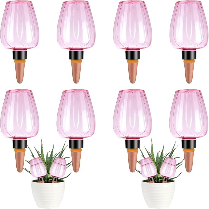 8 Pcs Plant Watering Globes Self Watering Planter Insert Plants Top Fill Water Device Plastic Water Bulbs Slow Release Terracotta for Plants, Pink