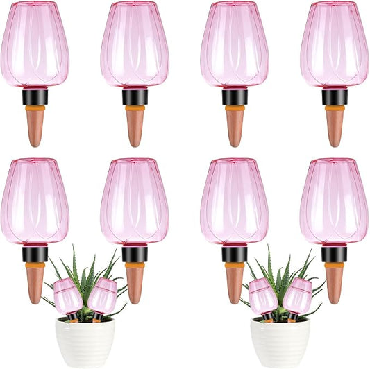 8 Pcs Plant Watering Globes Self Watering Planter Insert Plants Top Fill Water Device Plastic Water Bulbs Slow Release Terracotta for Plants, Pink