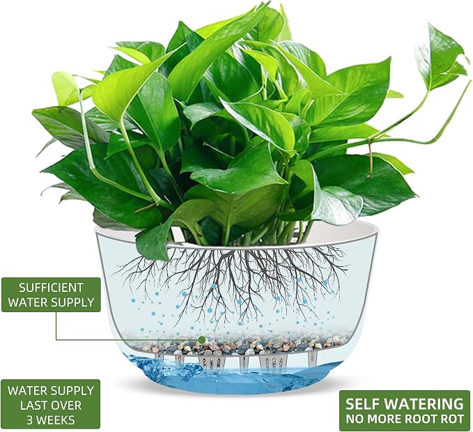Dexceder 9.8 Inch Self Watering Hanging Planter (2 Pack, White) | Thickened Hanging Basket Flower Plant Pot Indoor Outdoor