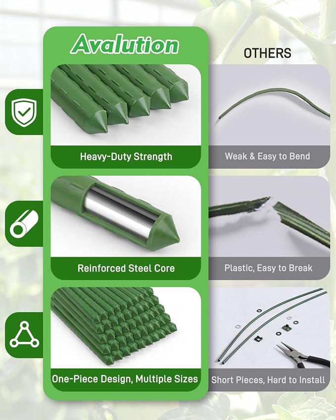 20 Pack 8FT Garden Stakes with Clips & Ties, 0.78" Steel Core Plastic Covered Plant Support Stakes for Tomatoes, Vegetables & Climbing Plants