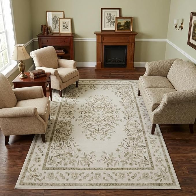 GarveeHome 3x5 Beige Rug for Laundry Room Vintage Flower Leaf Carpets | Vintage Floral Botanical Throw Rugs for Bedroom Non-Slip Low Pile Machine Washable Area Rug for Nursery Room Hallway Kitchen