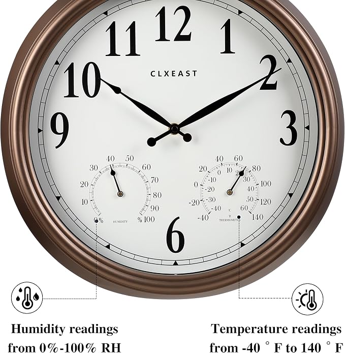 CLXEAST 18 Inch Indoor Outdoor Clocks Waterproof, Large Outdoor Clock with Temperature and Humidity Combo,Weatherproof,Bronze/Brown