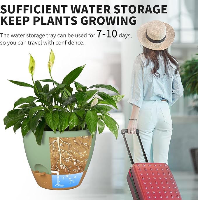 12/10/9 Inch Self Watering Pots for Indoor Outdoor Plants, Set of 3 Large Plastic Planters with Visual Water Window, Drainage Holes & Watering Lip, Modern Decorative Flower Pots (Green)