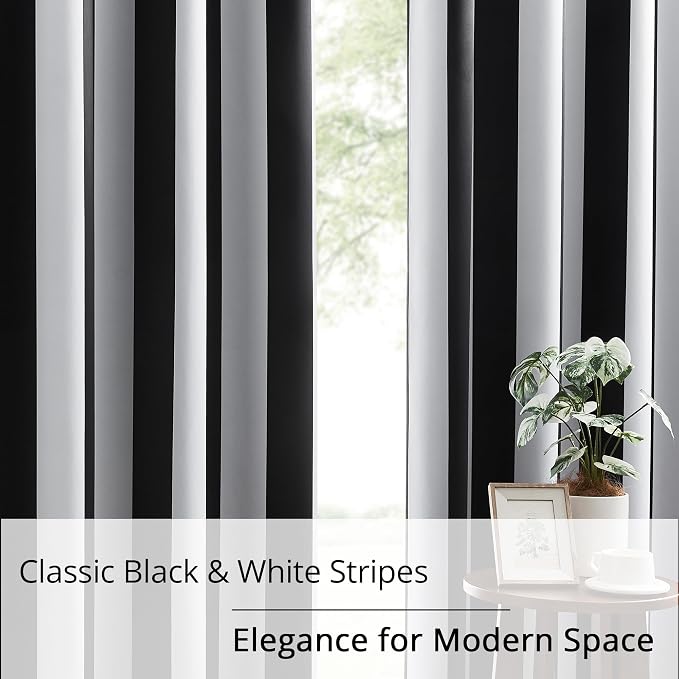 Black and White Vertical Stripe Blackout Curtains, Modern Minimalist Striped Drapes, 100% Light Blocking, Thermal Insulated & Noise Reducing Curtains, Grommet Top 42 x 54 Inches, 2 Panels