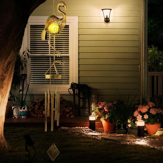 Solar Wind Chimes for Outside Gifts for Women Mom Grandma Sister Crackle Glass Ball Flamingo Wind Chimes Solar Lights Outdoor Decor for Garden Backyard Patio Yard Porch, Mothers Gift Birthday Gifts
