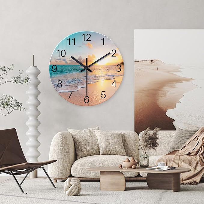 Round Extra Large Glass Wall Clock 24 Inch | Modern Beach Wall Clocks Battery Operated Silent Wall Clock for Living Room Bedroom Office Decor