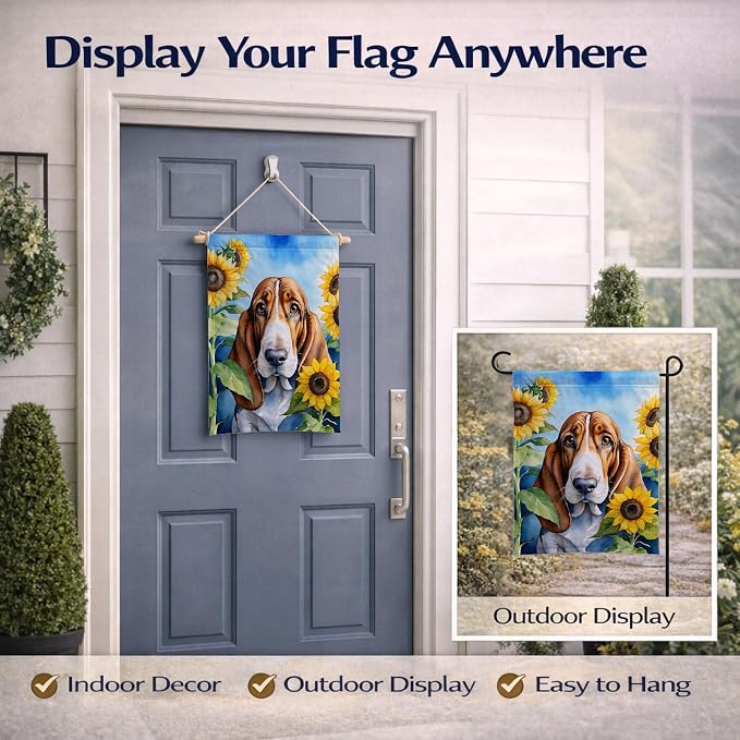 Caroline's Treasures DAC6017GF Basset Hound in Sunflowers Garden Flag Mailbox Flag Decorative Yard Flag Banner Outside Patio Artwork Yard Flower Beds, Garden Size, Multicolor