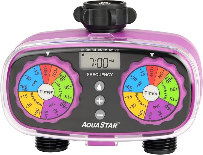 AQUASTAR Two-Zone Hose Watering Timer (Purple), Automatic Irrigation for Lawn, Garden, Yard, Two Outlets