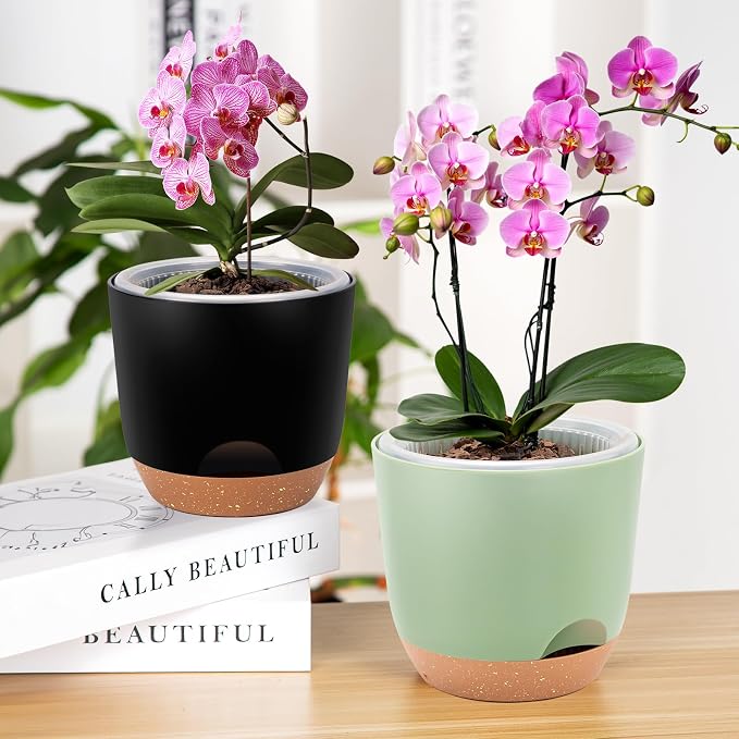 3Packs Self Watering Orchid Pots for Indoor Plants,5.8 Inch Macetas para Orqudeas,Flower Pots for Indoor Plants with Holes(Green)