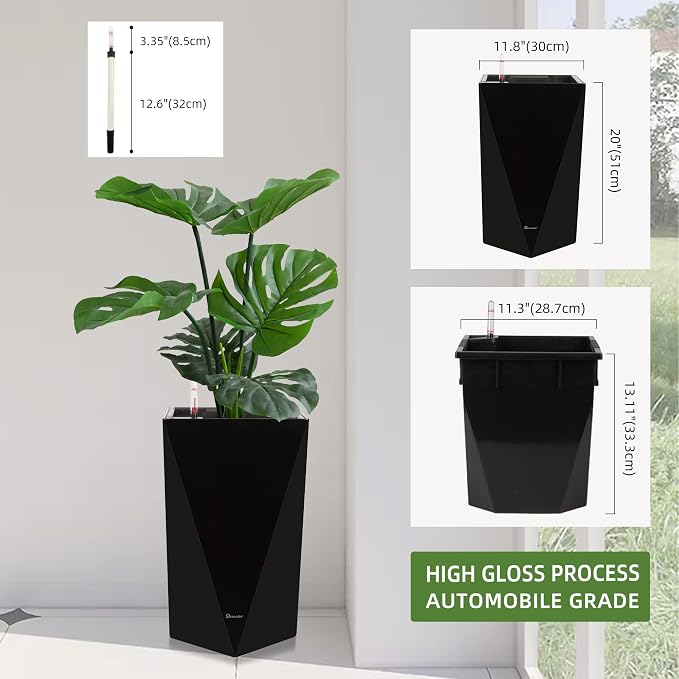 Dexceder 20 Inches Self Watering Tall Planter (Black) | Diamond High Gloss, Thickened Rhombus Large Floor Standing Flower Plant Pot with Water Level Indicator Indoor Outdoor