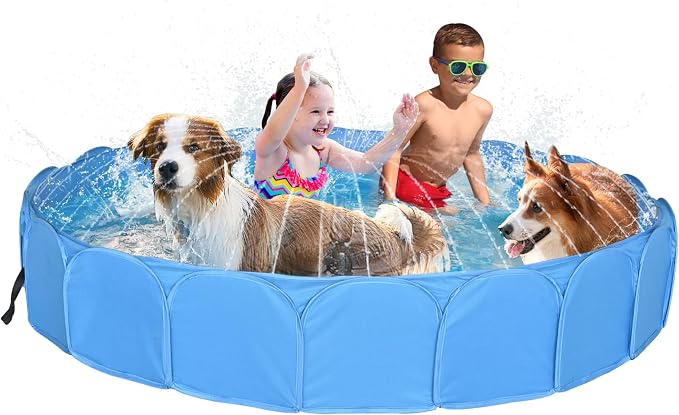 Collapsible Sprinklers Pool for Pet - Foldable Dog Pool for Backyard - Portable Heavy Duty Splash Pad for Puppy Pet Dog (63" x 12")