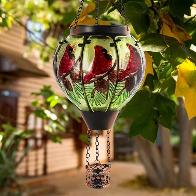 Cardinal Solar Hot Air Balloon Lantern with Flame, Glass Balloon Solar Lantern Outdoor Waterproof, Hanging Hot Air Balloon Solar Light, Cardinal Gifts for Mom Woman Christmas