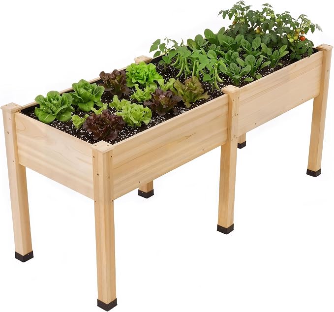 AMERLIFE Raised Garden Bed, 72x24x30 Inches Elevated Wood Planter Box with Legs, Bed Liner, Divider and Drainage System for Backyard, Patio, 300 lb Capacity - Light Wood