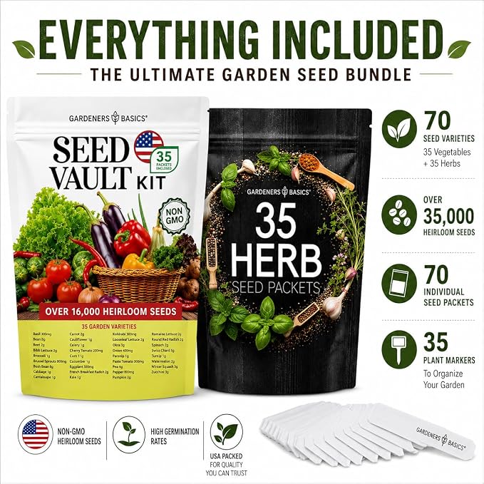 Gardeners Basics Seed Vault + Medicinal Herb Seed Bundle | 70 Heirloom Vegetable & Herb Varieties | 35,000+ Non-GMO Heirloom Seeds for Gardening, Homesteading & Prepping