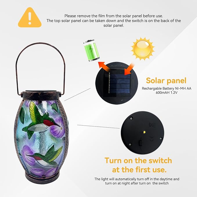Hummingbird Solar Lanterns Glass & Metal Hanging Solar Lantern Outdoor Waterproof 13.8" H Tabletop Light for Garden Patio Table Decor Mother's Day Gift