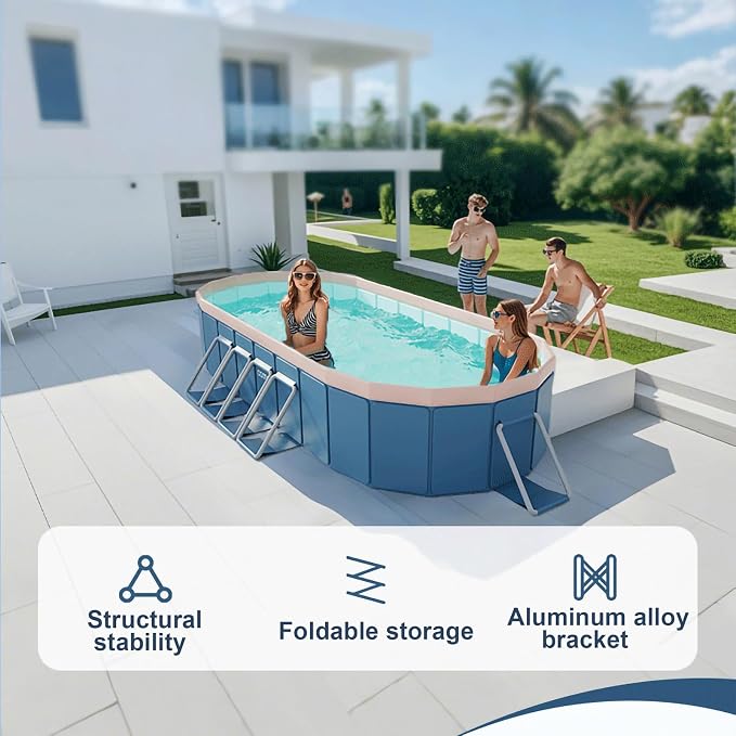 Foldable Pool, Hard Plastic Collapsible Pool, Large Non Inflatable Rectangle Pool Above Ground, Backyard Pool for Adults, Oversized Thickened, Easy Assembly (Round Corner 137 Inch)