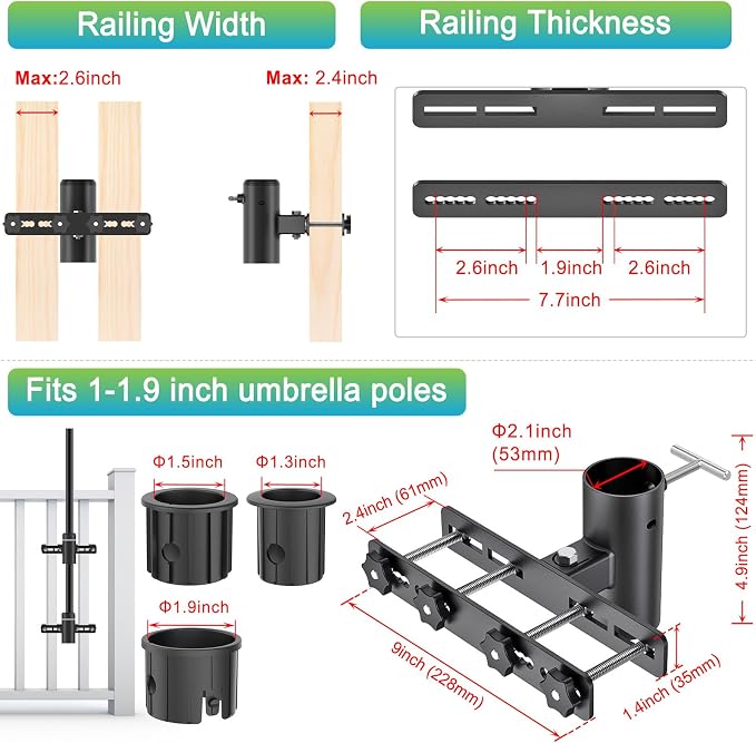 Dolibest Heavy Duty Deck Railing Umbrella Holder, Patio Umbrella Stand & 3 Sleeves for 1-1.9" Poles, Serrated Locking Design for Horizontal/Vertical Rails Mount, Space Saver for Balcony, Fence -1 Set