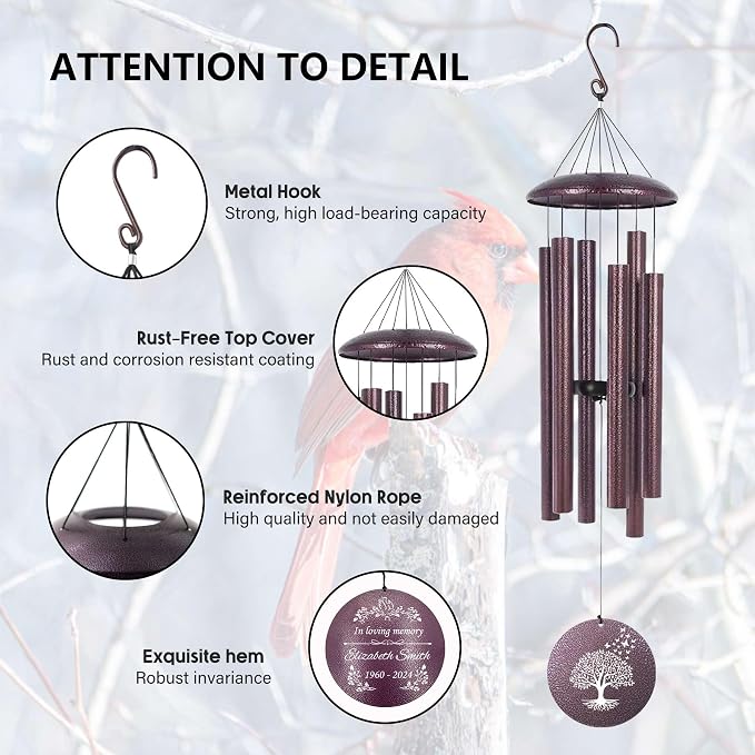 ASTARIN Memorial Wind Chimes Personalized, Bereavement Condolence Gifts for Loss of Mother Husband Wife, Customized Wind Chimes for Outside Deep Tone(Produced in Texas)