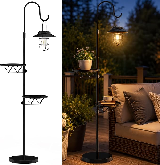 Candieslife 61" H Solar Lights Outdoor with Plant Stands - Metal Shepherd Hook Lantern, Waterproof Floor Lamp with Heavy Base for Patio Porch Deck Yard Garden Decor