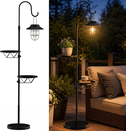 Candieslife 61" H Solar Lights Outdoor with Plant Stands - Metal Shepherd Hook Lantern, Waterproof Floor Lamp with Heavy Base for Patio Porch Deck Yard Garden Decor
