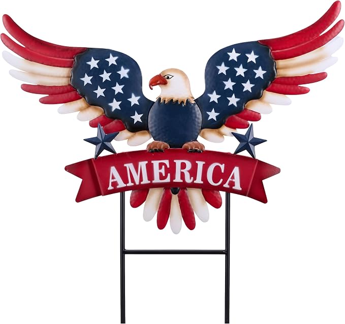TERESA'S COLLECTIONS 4th of July Decorations for Outdoor, Patriotic Memorial Day Garden Decor, Eagle Metal Yard Art Sign for Outside, Americana Garden Stake for Lawn, Independence Day Gifts, 22.4''