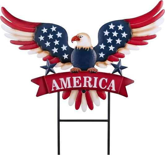 TERESA'S COLLECTIONS 4th of July Decorations for Outdoor, Patriotic Memorial Day Garden Decor, Eagle Metal Yard Art Sign for Outside, Americana Garden Stake for Lawn, Independence Day Gifts, 22.4''