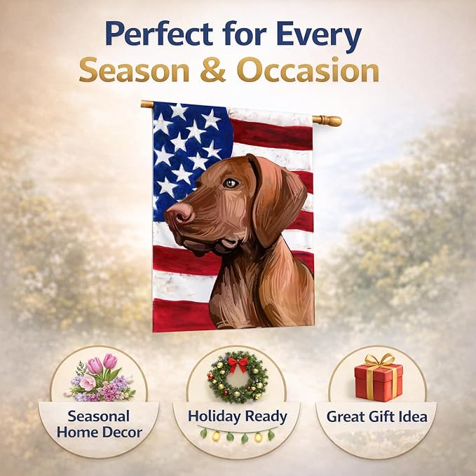 Caroline's Treasures CK6747CHF Vizsla American Flag House Flag Large Porch Sleeve Pole Decorative Outside Yard Banner Artwork Wall Hanging, Polyester, House Size, Multicolor