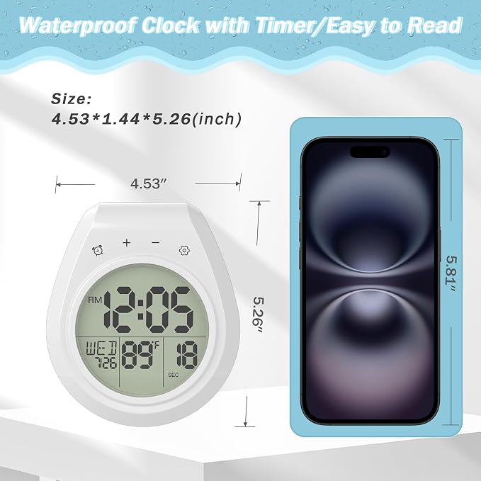 Shower Clock w/Timer Waterproof, Digital Bathroom Wall Clock w/Temperature | w/Date, Suction Cup, for Mirror, Bath, Kitchen, Battery Operated, White