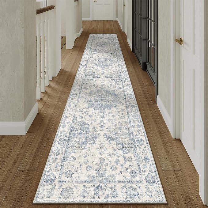 2x10 Blue Neutral Runner Rug | Washable, Non Slip, Soft Low Pile, Vintage Farmhouse, for Hallway Kitchen Laundry Bathroom Bedroom Living Room Home Decor