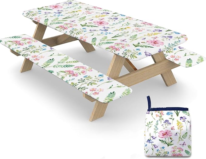 Picnic Table Cover with Bench Covers Elastic Edges, 3 Pcs Flower Fitted Table Cover with Drawstring Bag, Waterproof Windproof Aesthetic Camping Tablecloth, Outdoor Camping Essentials 72 Inch