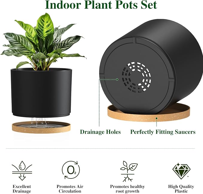 Plant Pots, 10/9/8 Inch 3 Pack Cylindrical Flower Pots with Drainage Holes and Saucers, Plastic Planters for Outdoor Indoor Plants,Black Brown
