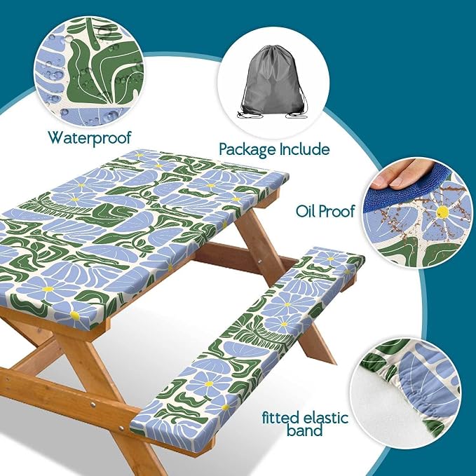 Picnic Table Covers with Bench Covers Boho Patchwork Blue Green Flower Pattern Camping Tablecloth Fitted Picnic Table Cover with Elastic Windproof Waterproof, Camping Accessories Outdoor, 60In 3PCS