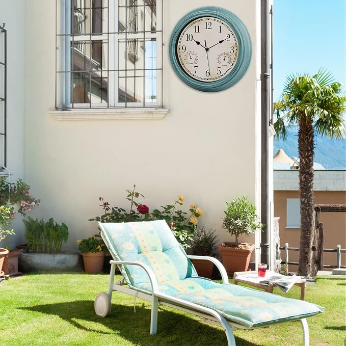 12 Inch Indoor Outdoor Retro Waterproof Wall Clock with Thermometer and Hygrometer, Battery Operated Quartz Round Wall Clock Silent Non Ticking Home Decor,Green