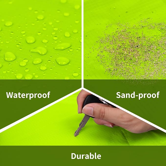 Frelaxy Pocket Picnic Blanket, Waterproof Sandproof Beach Mat, Compact Camping Tarp for Festivals, Hiking, Travel, Outdoor Recreation (Neon Green & Black, 57'' x 71'')