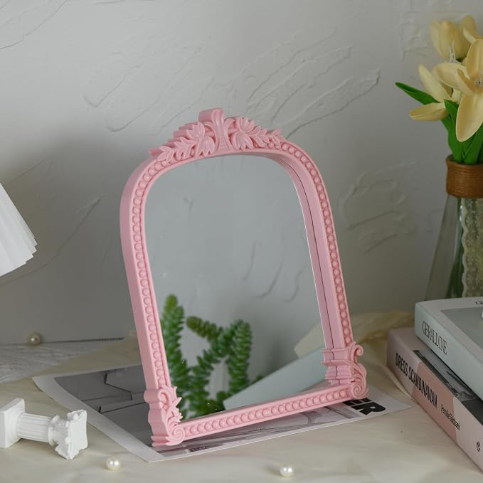 Pink Plastic Arched Makeup Mirror, Standing, Hanging or Wall Mount, Bathroom, Living Room, Bedroom White and Decorative Mirror (Pink-10.6 x 8.6 inch)