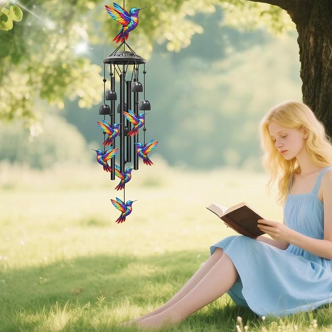 Hummingbird Wind Chimes for Outside, Black Metal Windchimes Outdoors, Hummingbirds Gifts for Women/Men, Garden/Yard Decor, Memorial/Birthday Gifts for Grandma/Mom, Durable Chimes for Outdoors