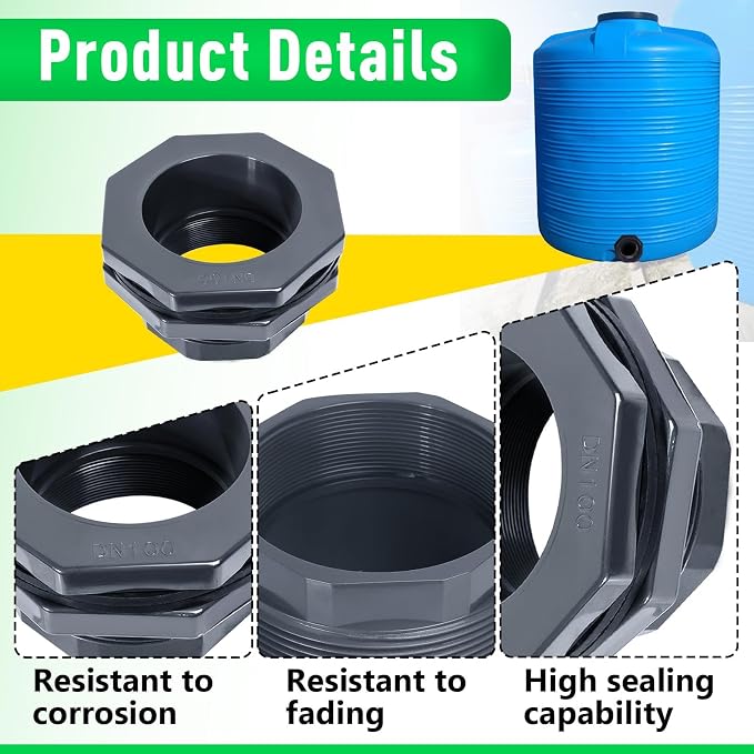 4 Inch PVC Bulkhead Fitting, PVC Bulkhead Fitting for Pools, Rain Barrels, Aquariums, Water Tank