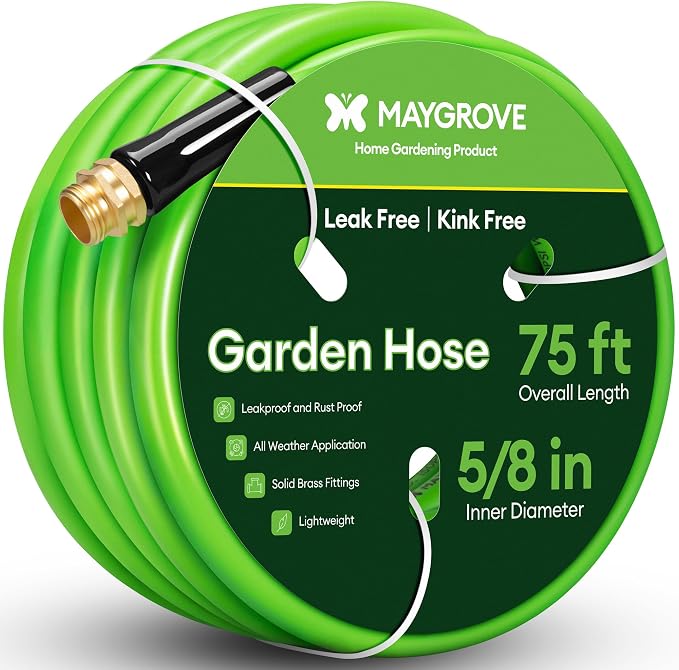 Maygrove 75 ft Garden Hose, 5/8 in ID, Heavy-Duty, Leakproof, Kink-Resistant Water Hose with Swivel Brass Fittings, 600 PSI Burst Rating, Ideal for Car Wash & Lawn Watering
