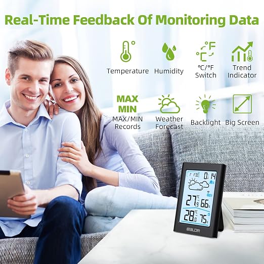 BALDR Indoor Outdoor Thermometer Wireless, Battery Powered Weather Station Indoor Outdoor with Clock, Portable Outside Temperature Monitor for Home Patio