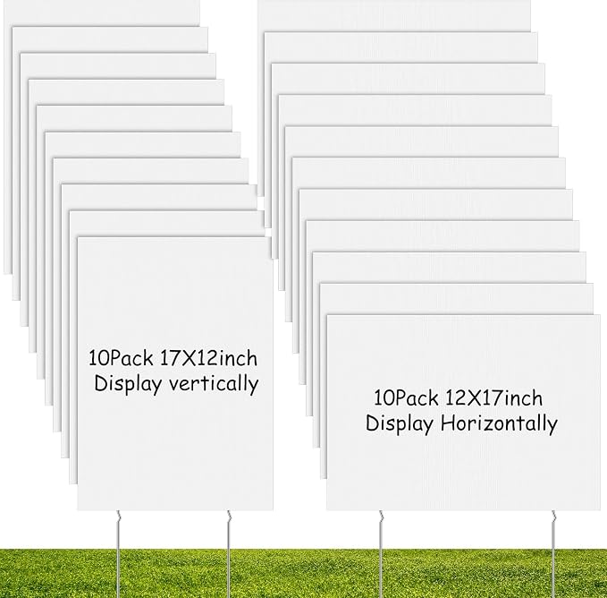 Wesiti 20 Pack Blank Yard Signs with Stakes 17 x 12 Inch Plastic Yard Lawn Sign Double Sided Corrugated Plastic Garage Sale Signs with Stakes for Rent Sign for Party Lawn Yard (White)