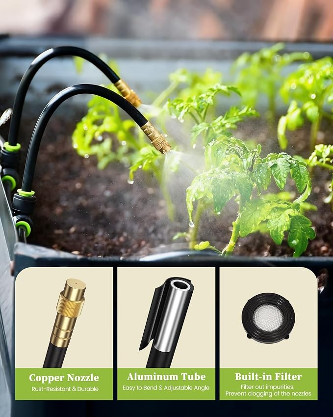 RAINPOINT 50FT Drip Irrigation System with Sprinkler Timer, Automatic Garden Watering Kit with 15pcs 360°Adjustable Copper Nozzles for Greenhouse, Lawn, Raised Beds, Outdoor Plants